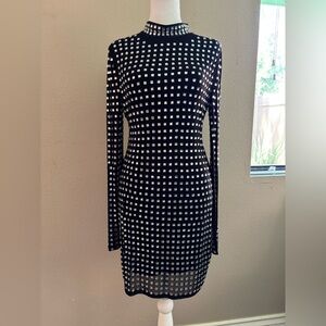 A. Peach Mesh Embellished Rhinestone Mock Neck Long Sleeve Mini Dress Size Large